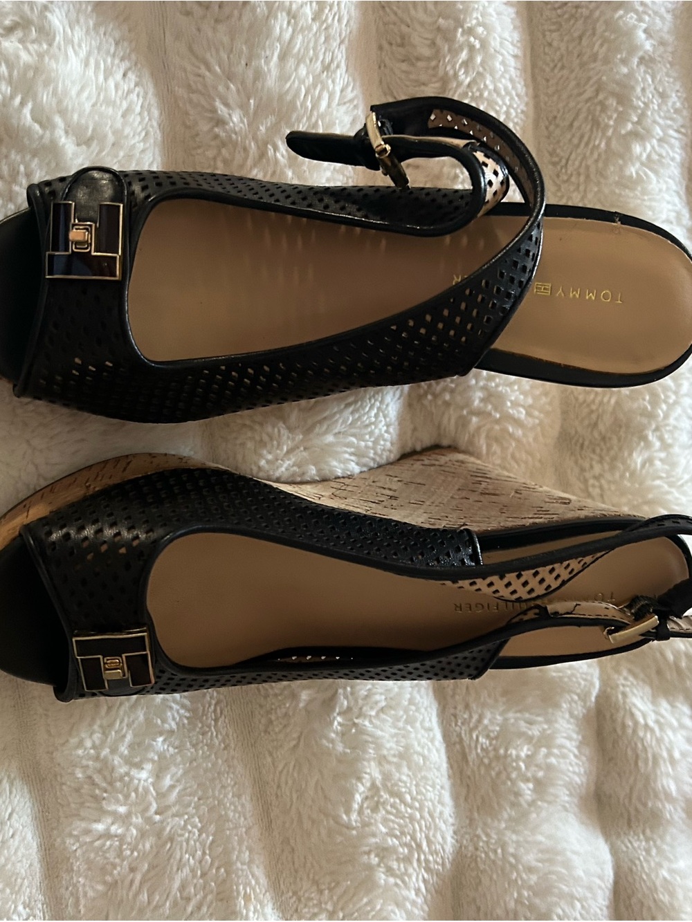 Tommy Hilfiger Black Perforated Wedge Sandals with Gold Accent as 6.5